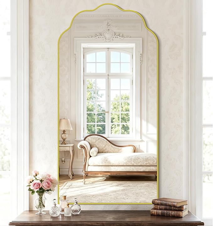 Gold Arched Mirror, 24×48Inch Scalloped Mirror for Bathroom, Wavy Wall Mounted Vanity Mirror with Aluminum Alloy Frame for Livingroom Bedroom and Entryway, Tempered Glass