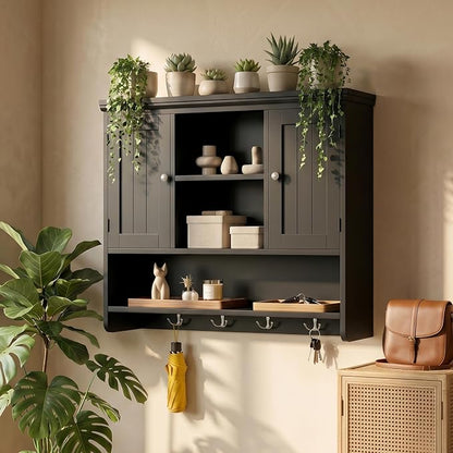 Bathroom Wall Cabinet with Doors and Hooks, 3-Tier Wall Mounted Cabinet | Modern Medicine Cabinet with 3 Open Shelves, Over the Toilet Storage Cabinet for Kitchen, Laundry Room, Living Room, Black