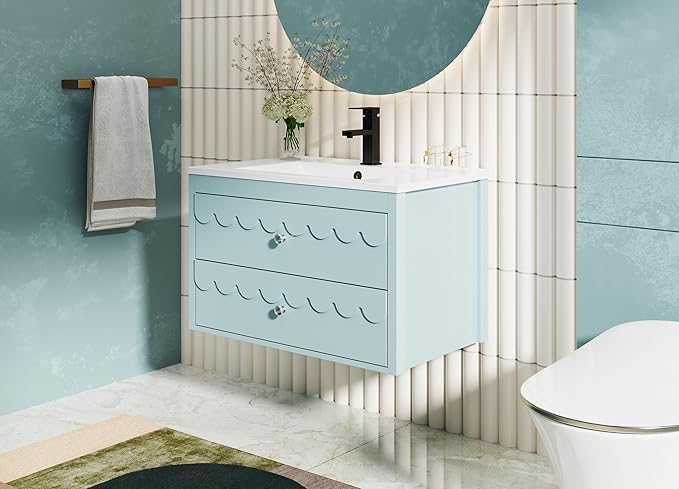 eclife 30" Floating Bathroom Vanity with Sink Combo, Modern Painted Wall-Mounted Vanities Storage Cabinet with Scalloped Decor, Undermount Basin, Faucet, Drain, Blue