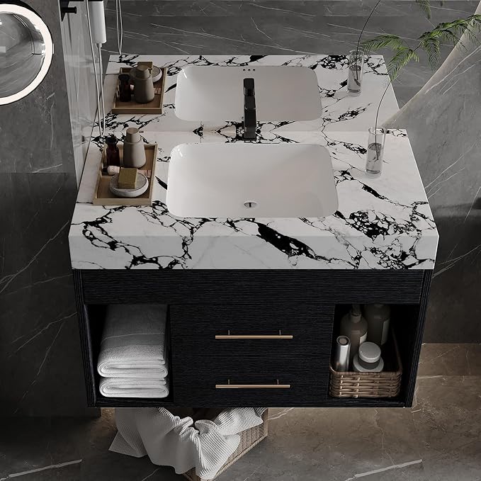 30" Modern Black Bathroom Vanity Sink Set Wall-Mounted Bathroom Vanities with Marble Sintered Stone Top&Ceramic Sink 30 inch Floating Bathroom Sink Cabinet with 2 Drawers&2 Cabinets