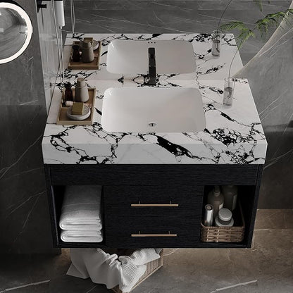 30" Modern Black Bathroom Vanity Sink Set Wall-Mounted Bathroom Vanities with Marble Sintered Stone Top&Ceramic Sink 30 inch Floating Bathroom Sink Cabinet with 2 Drawers&2 Cabinets