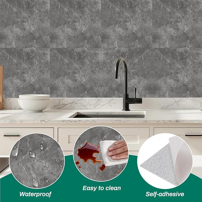 Peel and Stick Gray Marble Wall Tiles for Backsplash 11.8" x 11.8", 12-Pack | PVC Self Adhesive Wall Panels, Waterproof, Heat Resistant, Stick on Backsplash for Kitchen, Bathroom, Laundry room