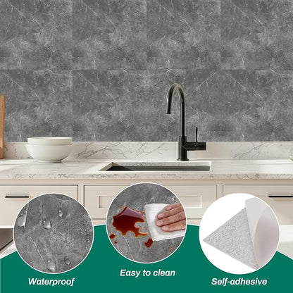 Peel and Stick Gray Marble Wall Tiles for Backsplash 11.8" x 11.8", 12-Pack | PVC Self Adhesive Wall Panels, Waterproof, Heat Resistant, Stick on Backsplash for Kitchen, Bathroom, Laundry room