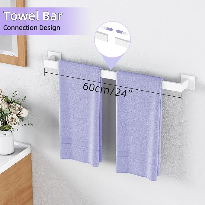 5-Pieces Bathroom Hardware Accessories Set, 24 Inch Stainless Steel Towel Racks for Bathroom, Towel Bar Set Towel Ring Coat Hook and Toilet Paper Holder with Shelf Wall Mounted, White