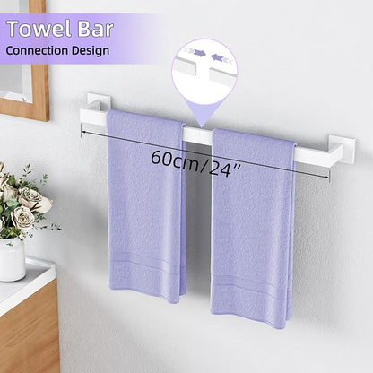 5-Pieces Bathroom Hardware Accessories Set, 24 Inch Stainless Steel Towel Racks for Bathroom, Towel Bar Set Towel Ring Coat Hook and Toilet Paper Holder with Shelf Wall Mounted, White