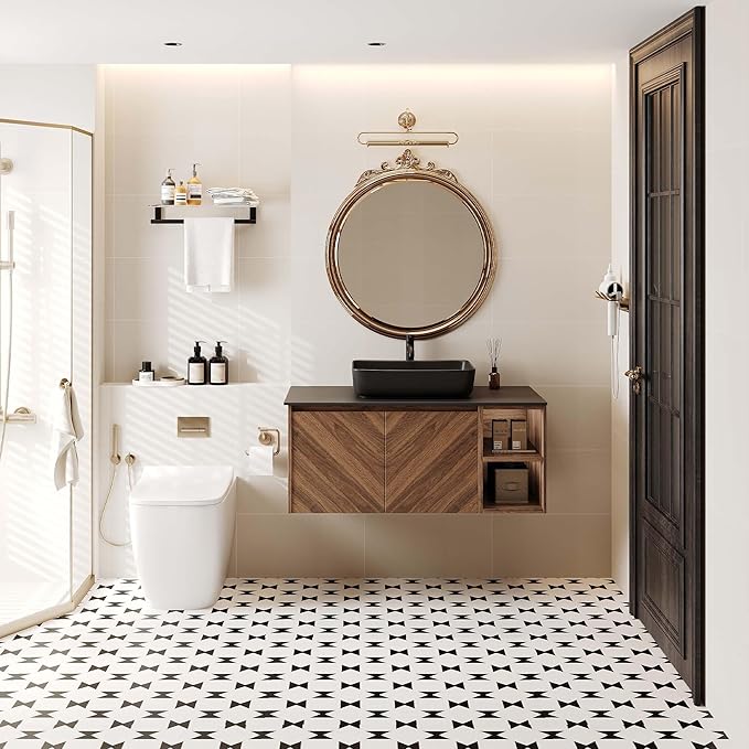36 Inch Floating Vanity Bathroom with Single Sink, Wall-Mounted Floating Bathroom Cabinet with Sintered Stone Countertop & Black Ceramic Basin, Ample Storage and Open Shelves, Dark Wood