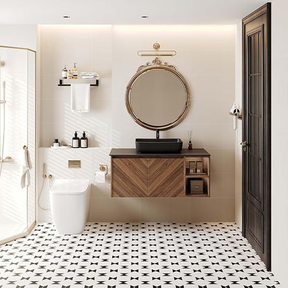 36 Inch Floating Vanity Bathroom with Single Sink, Wall-Mounted Floating Bathroom Cabinet with Sintered Stone Countertop & Black Ceramic Basin, Ample Storage and Open Shelves, Dark Wood