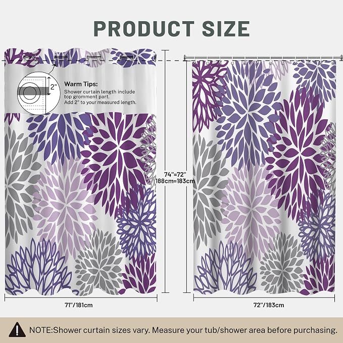 No Hook Floral Shower Curtain with Liner, Purple, 71x74 | Snap in Liner, 3 in 1, Water Repellent, Easy Install, Machine Washable, Hotel Style for Bathroom, Watercolor Pattern