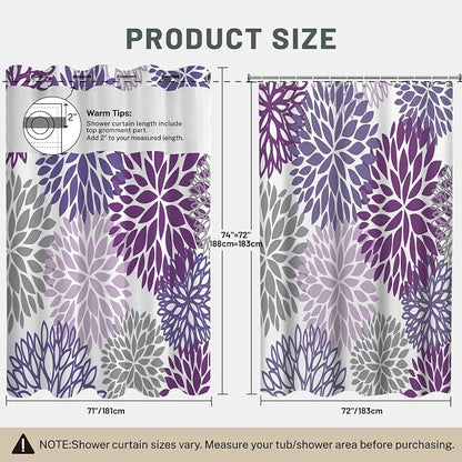 No Hook Floral Shower Curtain with Liner, Purple, 71x74 | Snap in Liner, 3 in 1, Water Repellent, Easy Install, Machine Washable, Hotel Style for Bathroom, Watercolor Pattern