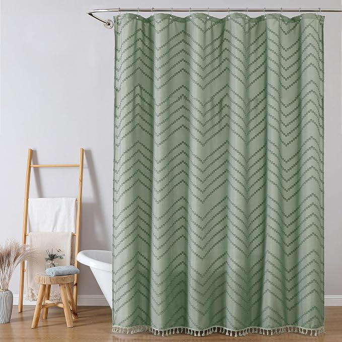 Extra Long Sage Green Boho Shower Curtain, Chic Tufted Chevron Striped Textured Fabric Cloth Shower Curtains with Tassel for Bathroom, Soft Hotel Style Farmhouse, Machine Washable, 72x84