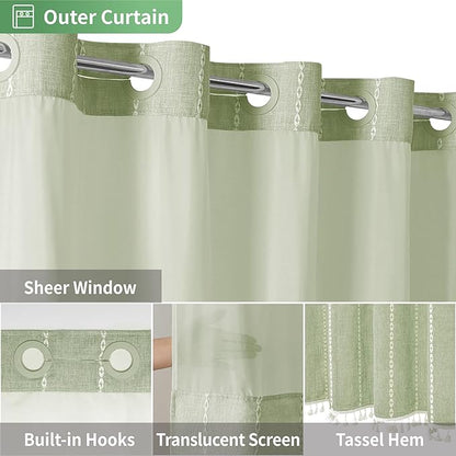 eachope No Hook Stall Shower Curtain with Snap-in Fabric Liner - 54x80 Heavy-Duty Linen Textured Striped Design,Narrow Rustic Modern Farmhouse Bohemian Bathroom Curtain,Water-Repellent,Sage Green | 330GSM Heavy-Duty Linen Textured Striped Design,Narrow...