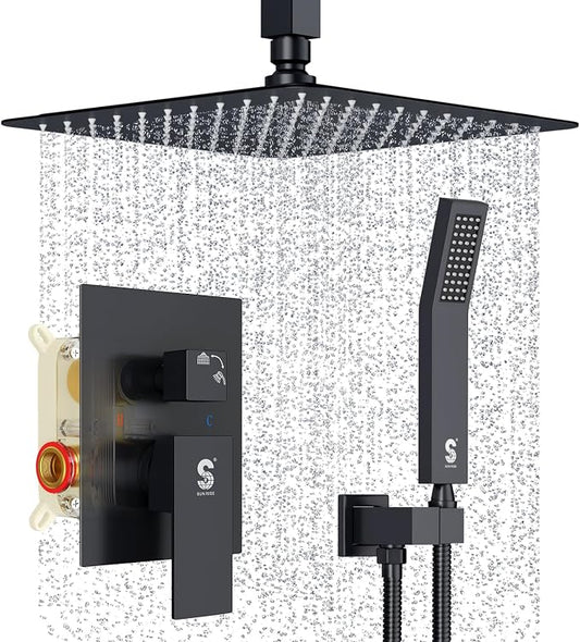 SR SUN RISE 10 Inch Ceiling Mounted Shower System Rain Mixer Shower Combo Set Rainfall Shower Head System Matte Black Shower Faucet Rough-in Valve Body and Trim Included