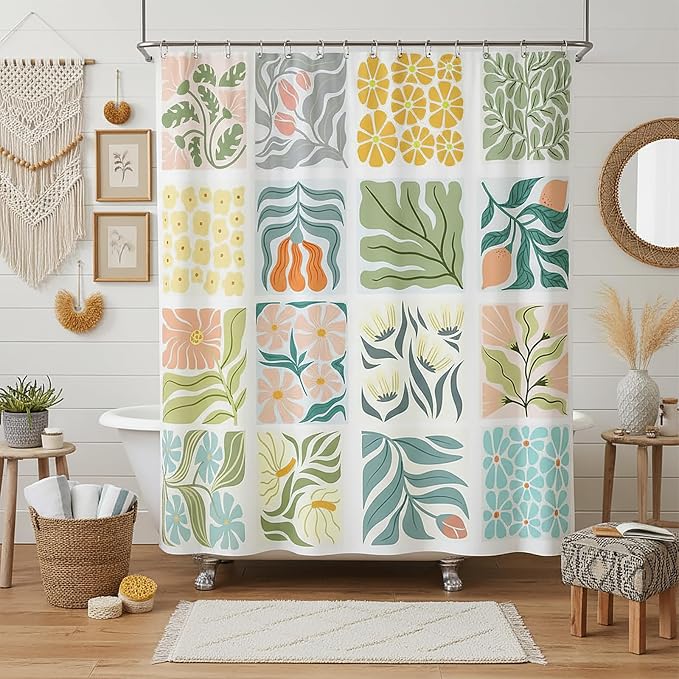 JAWO Cute Boho Floral Shower Curtain, Vintage Colorful Abstract Floral Retro Aesthetic Shower Curtain for Bathroom, Funky Unique Waterproof Fabric Polyester Bath Curtains Decor with Hooks,48Wx70H