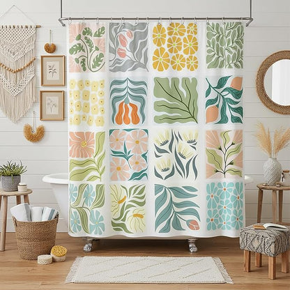 JAWO Cute Boho Floral Shower Curtain, Vintage Colorful Abstract Floral Retro Aesthetic Shower Curtain for Bathroom, Funky Unique Waterproof Fabric Polyester Bath Curtains Decor with Hooks,48Wx70H