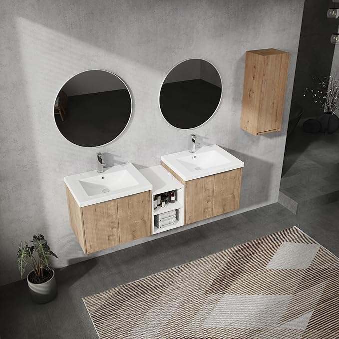 SSLine 60-Inch Double Sink Vanity Modern Wall Mounted Bathroom Vanity with Double Sink 60" Large Floating Bathroom Vanities Set with White Open Storage Shelf & 1 Side Cabinet,Brown White