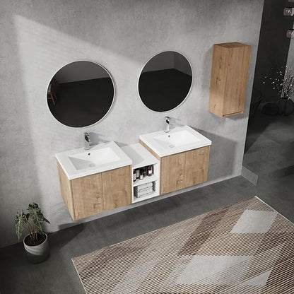 SSLine 60-Inch Double Sink Vanity Modern Wall Mounted Bathroom Vanity with Double Sink 60" Large Floating Bathroom Vanities Set with White Open Storage Shelf & 1 Side Cabinet,Brown White