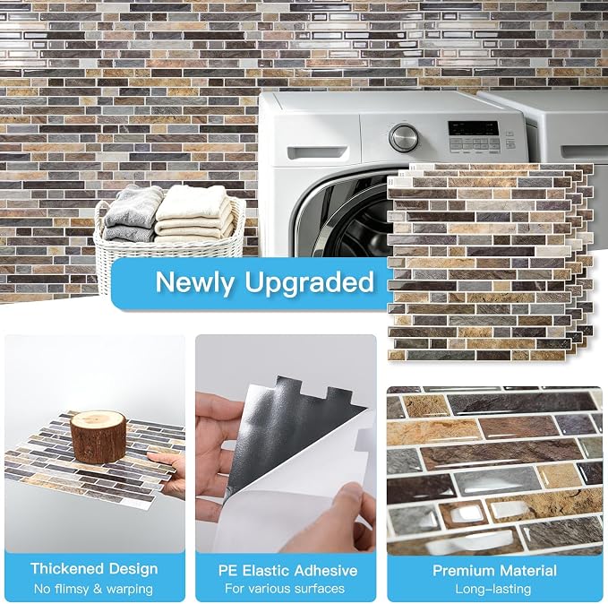 Art3d Linear Tile Peel and Stick Backsplash, 10-Pack, Vintage Sandstone | 12 x 12 Inch, Enhanced Thickness, Warp Resistant, Strong Adhesion, Sturdy, for Kitchen, Bedroom, Ideal for Home Improvement