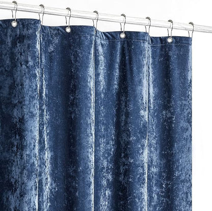 Fredsure Distressed Velvet Shower Curtain Set, 13 Pieces Navy Including 1 Piece 72"x72" Shower Curtain and 12 Pieces Silver Hooks