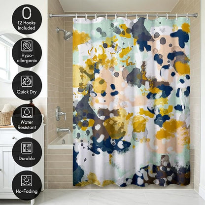 Americanflat 71x74 Abstract Shower Curtain - Water-Resistant Long Shower Curtain with Metal Grommets and 12 Hooks - 100% Polyester - Navy Blue, Yellow, Blush Pink, Mint Green, Charcoal and White