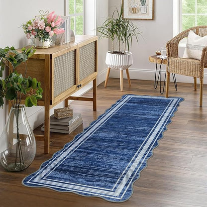 Garvee Washable Runner Rug 2x6 Solid Scalloped Kitchen Runner Navy Blue | Modern Long Runner Rug for Entryway Bedroom, Non Slip Low Pile Solid Runner Rugs for Entryway, Nursery Rugs Runner