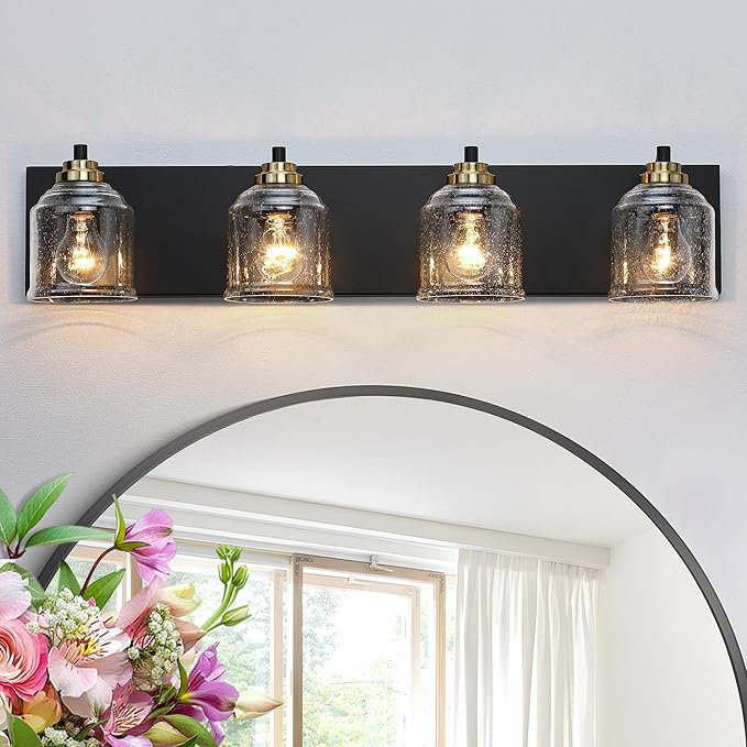31.5" Large Farmhouse Bathroom Vanity Light,4-Light Black and Gold Metal Vanity Light with Bubble Glass Shades,Rustic Wall Sconce Lighting Fixtures Over Mirror for Barhroom,Kitchen. BD005-4-BG