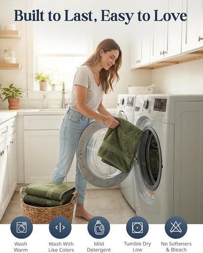 LANE LINEN Large Bath Towel Set Absorbent Quick Dry 100% Cotton - Oil Green | Soft Cotton Towels - Fade-Resistant Color, Classic Terry Weave, Densely Woven & Durable, Easy-Care, Coordinated Colors
