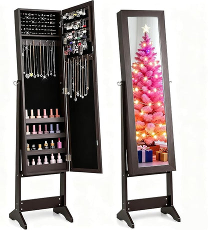 MAT EXPERT Jewelry Armoire Cabinet w/Full-Length Mirror, Jewelry Organizer Standing Mirror w/ 4 Shelves, 3 Adjustable Angles, Anti-toppling Device, Jewelry Cabinet for Bedroom, Living Room, Espresso