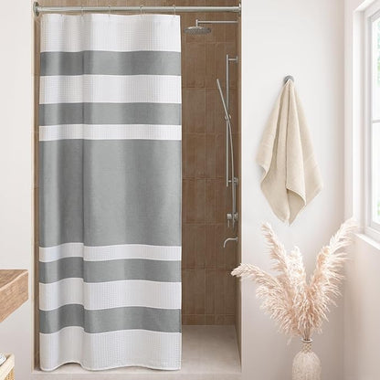 Madison Park Spa Waffle Weave Stall Shower Curtain, 36 x 72, Grey | Striped, Pieced Fabric Design, 3M Scotchgard Moisture Management, Hotel Quality, Modern, for Bathroom, OEKO-TEX Certified