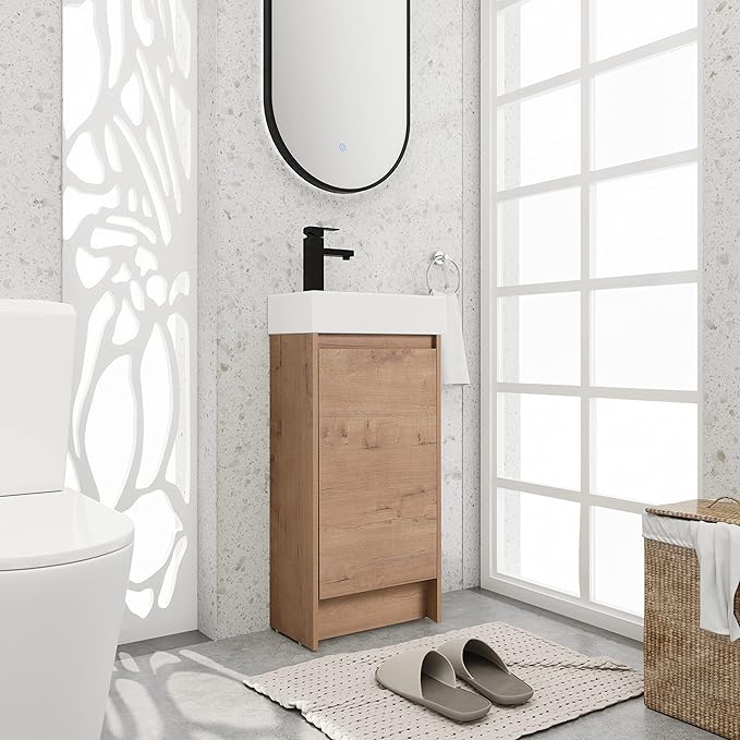 16" Bathroom Vanity with Sink & Storage, Freestanding Vanity Cabinet for Small Bathrooms, Modern 1-Door Floor-Mounted Design, Bathroom Sink Combo Furniture (Light Brown)