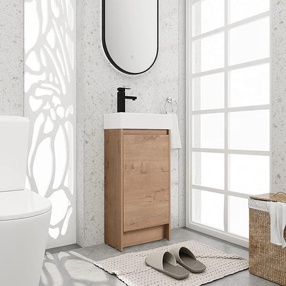 16" Bathroom Vanity with Sink & Storage, Freestanding Vanity Cabinet for Small Bathrooms, Modern 1-Door Floor-Mounted Design, Bathroom Sink Combo Furniture (Light Brown)