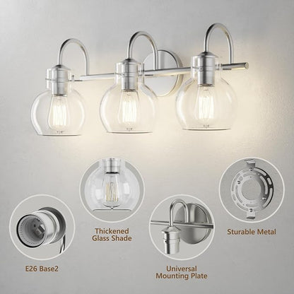 Bathroom Light Fixtures Brushed Nickel 3 Light Bathroom Lights Over Mirror with Clear Glass Shade Brushed Nickel Modern Wall Sconces Vanity Light for Bathroom UL Listed | Modern,Wall Sconce,Globe Glass Shade,E26 Base,UL Certified,Anti-Rust,Damp Rated,B...