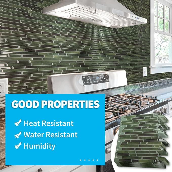 Art3d Peel and Stick Stone Design Wall Tile, 12 x 12 Inch, 10-Sheet, Green | Moisture Resistant, Strong Adhesive, Sturdy, Cleanable, Easy to Install, for Kitchen, Laundry Room, Ideal for New Home Buyers