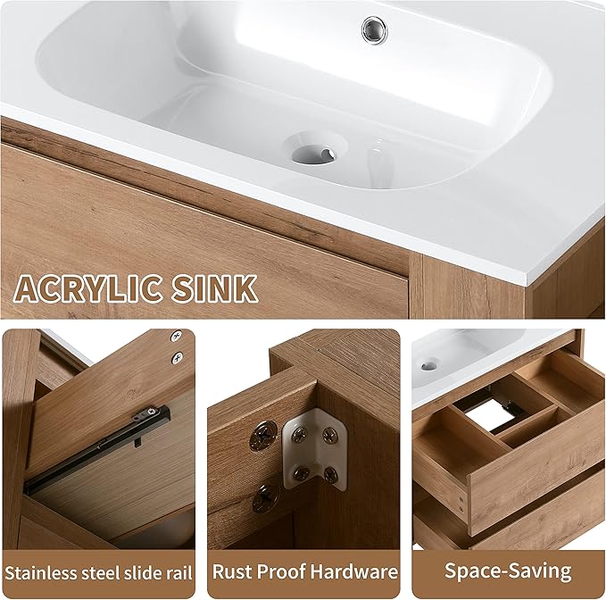 Henf Modern 30" Wall Mounted Bathroom Vanity with White Gel Sink, 2 Soft Close Drawers & Open Storage Shelf, Oak
