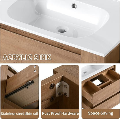 Henf Modern 30" Wall Mounted Bathroom Vanity with White Gel Sink, 2 Soft Close Drawers & Open Storage Shelf, Oak