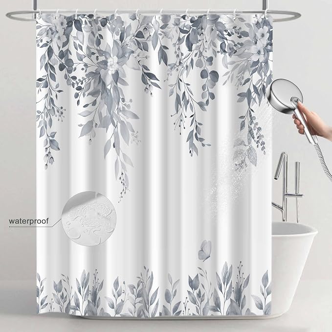 Light Grey Floral Eucalyptus Shower Curtain with Hooks, 72x72 Inch | Waterproof Fabric, Watercolor Leaves and Floral, Botanical Style, Machine Washable, Quick-Drying, for Hotel Bathroom