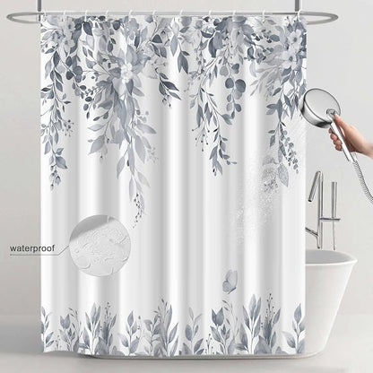 Light Grey Floral Eucalyptus Shower Curtain with Hooks, 72x72 Inch | Waterproof Fabric, Watercolor Leaves and Floral, Botanical Style, Machine Washable, Quick-Drying, for Hotel Bathroom