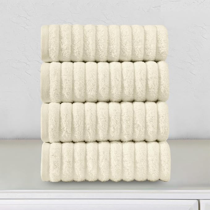 Elegant Comfort Luxury 100% Turkish Cotton Corduroy Ribbed 4 Pack Hand Towel Set 16 x 28 Inch - Absorbent, Super Soft, Quick Dry, Premium Towels for Bathroom, Gym, Spa and Hotel Use, Ivory