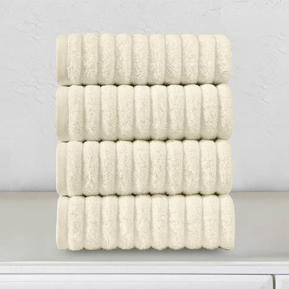 Elegant Comfort Luxury 100% Turkish Cotton Corduroy Ribbed 4 Pack Hand Towel Set 16 x 28 Inch - Absorbent, Super Soft, Quick Dry, Premium Towels for Bathroom, Gym, Spa and Hotel Use, Ivory