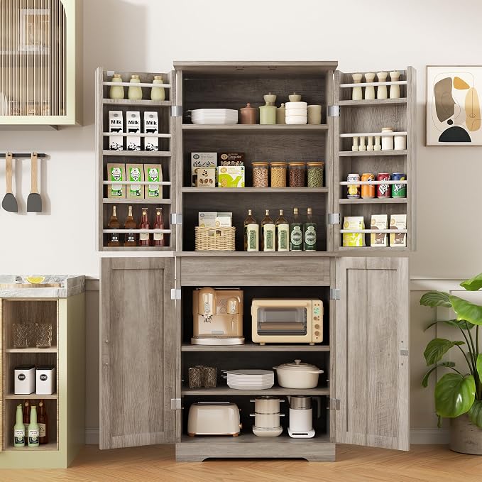 Shintenchi Kitchen Pantry Cabinet, Farmhouse Tall Cupboard, Ash Gray | Freestanding, with 8 Door Shelves, 2 Cabinets and 1 Drawer, for Kitchen, Living Room, Dining Room and Bathroom