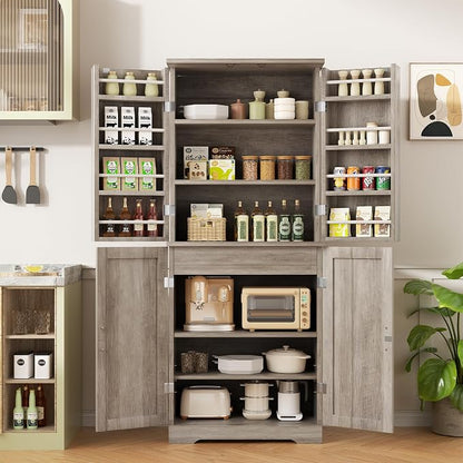 Shintenchi Kitchen Pantry Cabinet, Farmhouse Tall Cupboard, Ash Gray | Freestanding, with 8 Door Shelves, 2 Cabinets and 1 Drawer, for Kitchen, Living Room, Dining Room and Bathroom
