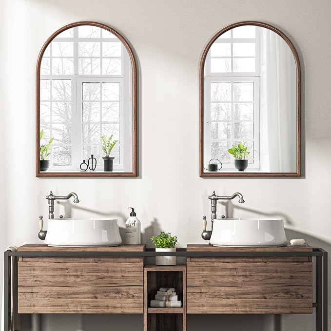24"x36" Arch Wall Mirror for Wall, Wall Mounted Vanity Mirror for Bedroom, Wood Grain Finish Frame Mirror with Tempered Glass, Vintage Decorative for Bathroom, Entryway, Living Room, Walnut