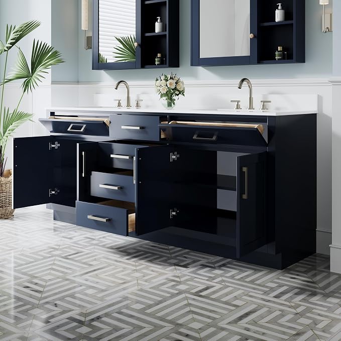 80-Inch Bathroom Vanity with Double Sinks W/ 4 Doors & 4 Drawers & 2 Flip Drawers, Navy Blue Vanity W/Brushed Nickel Handles