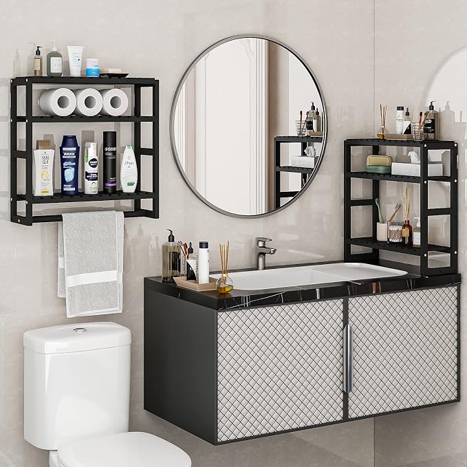 Galood Over The Toilet Storage Bathroom Shelves Wall Mounted Black Sets | 3 Tier Space Saver Corner Shelf Organizer Bamboo Towel Rack Toilet Paper Cabinet with Hanging Rod