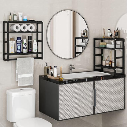 Galood Over The Toilet Storage Bathroom Shelves Wall Mounted Black Sets | 3 Tier Space Saver Corner Shelf Organizer Bamboo Towel Rack Toilet Paper Cabinet with Hanging Rod