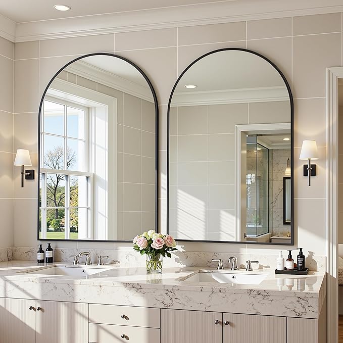 Antok Arched Bathroom Mirror, 20"x30" Wall Mounted Mirror, Vanity Mirrors for Over Sink, Aluminum Alloy Frame Bathroom Mirrors Living Room, Bedroom and Entryway, Black