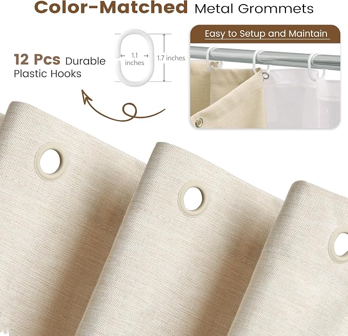 BTTN 3 in 1 Shower Curtain Set - 84 Inch Extra Long Linen Textured Cloth Shower Curtain and Clear Liner with Plastic Hook, Tall Modern Waterproof Shower Curtain for Bathroom, Cream/Beige, 72x84