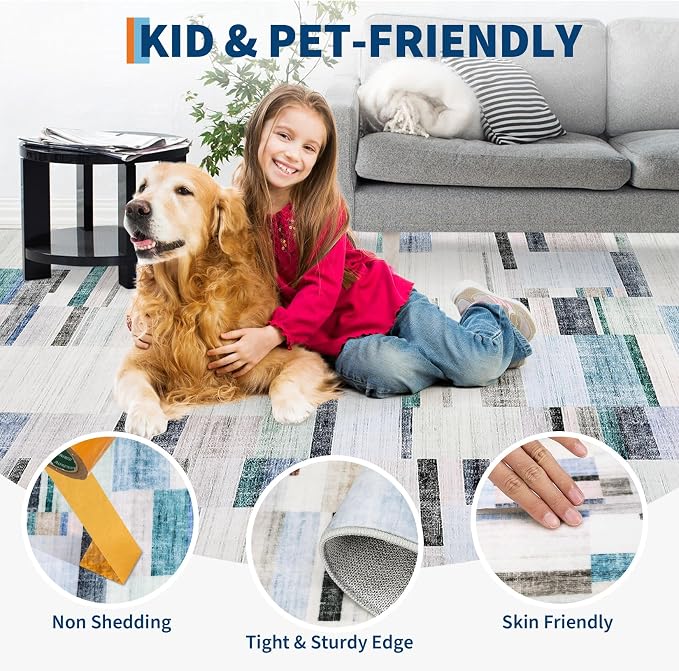 Washable Area Rug 8x10 Rug for Living Room Modern Rug Non Slip Throw Rugs Large Rugs for Bedroom Low Pile Non Shedding Stain Resistant Carpet for Dining Room Nursery Classroom 8'x10' Blue