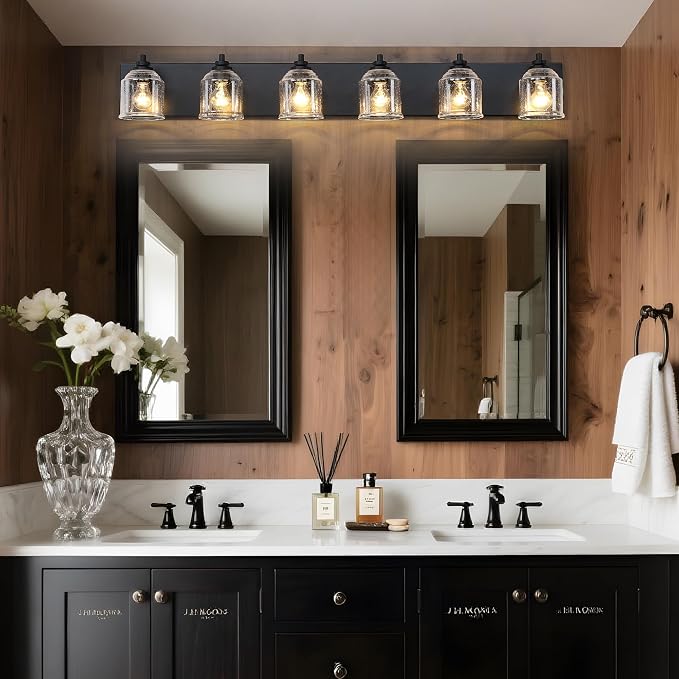 6-Light Bathroom Vanity Lights Large 48in with Bubble Glass Shades | Farmhouse Rustic style, Matte Black Metal Base, E26 Ceramic Socket, UL&ETL Listed, Up&Down Mountable, Hardwired, over Mirror