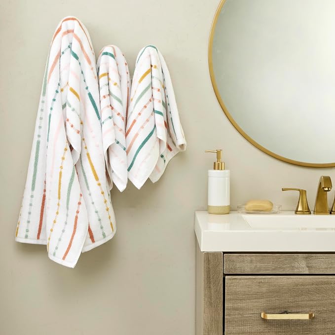 SKL Home Modesto Stripe Hand Towel Set-2pc, Premium 100% Cotton, Multi | 600 GSM weight. Spa-level quality. Soft & absorbent, reversible jacquard. For the bathroom, kitchen, bar or any sink space.