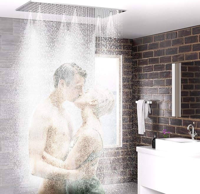 Dual Functions Luxury High Pressure Rain Shower Head, 16"x32" Large Ceiling Full Body Shower Head with Silicone Nozzles Rectangle Mist Showerhead, Modern Chrome Finish